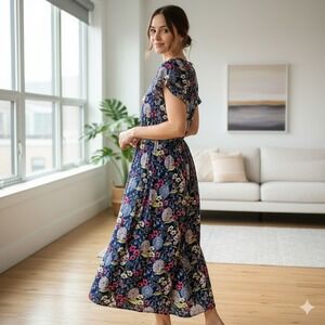 Talbots Floral Print V Neck‎ Smocked Waist Tiered Midi Dress Navy Blue - Size P